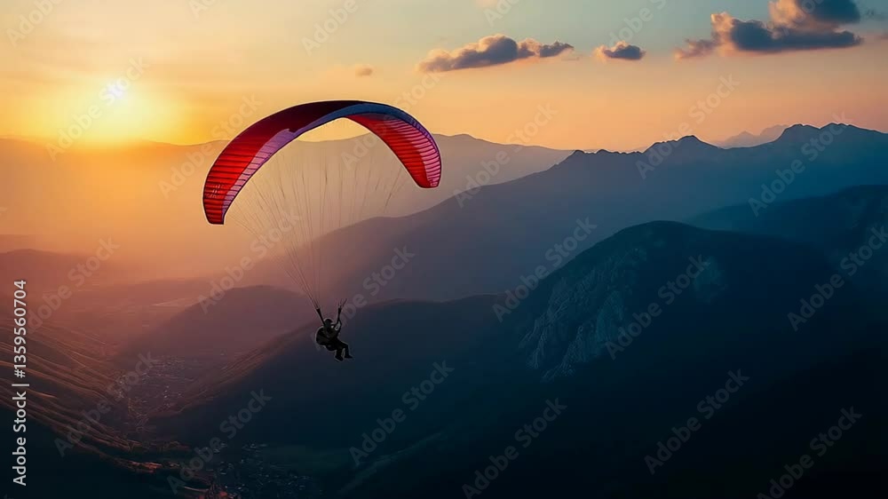 A paraglider soars high above breathtaking mountain ranges during a vibrant sunset, showcasing stunning natural beauty and thrill of adventure in the sky