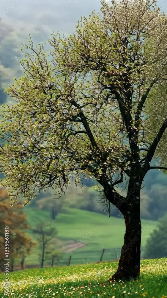 Vibrant tree amidst a gentle rain surrounded by lush greenery in a serene countryside setting Vibrant tree amidst a gentle rain surrounded by lush greenery in a serene countryside setting