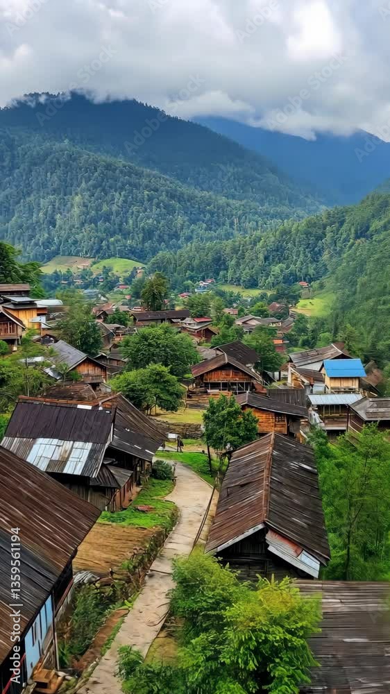 Serene village nestled in lush green mountains under a cloudy sky in rural countryside Serene village nestled in lush green mountains under a cloudy sky in rural countryside