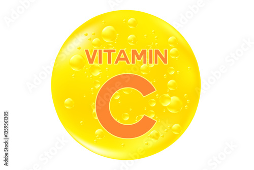 Vitamin C glowing 3D icon liquid droplet bubble, isolated, transparent background. Rich fluid ascorbic acid drop with flowing bubbles, health nutrition supplement, beauty skin serum products