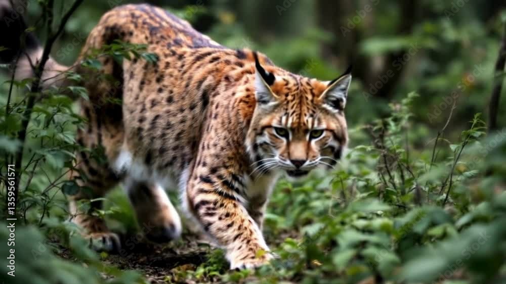 A lynx prowls through dense underbrush, its large paws moving softly across the forest floor, ears swiveling to catch the faintest sound in the wilderness. A lynx prowls through dense underbrush, its large paws moving softly across the forest floor, ears swiveling to catch the faintest sound in the wilderness.