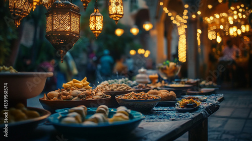 A table laden with food under hanging lanterns at an outdoor event or ramadan celebration photo