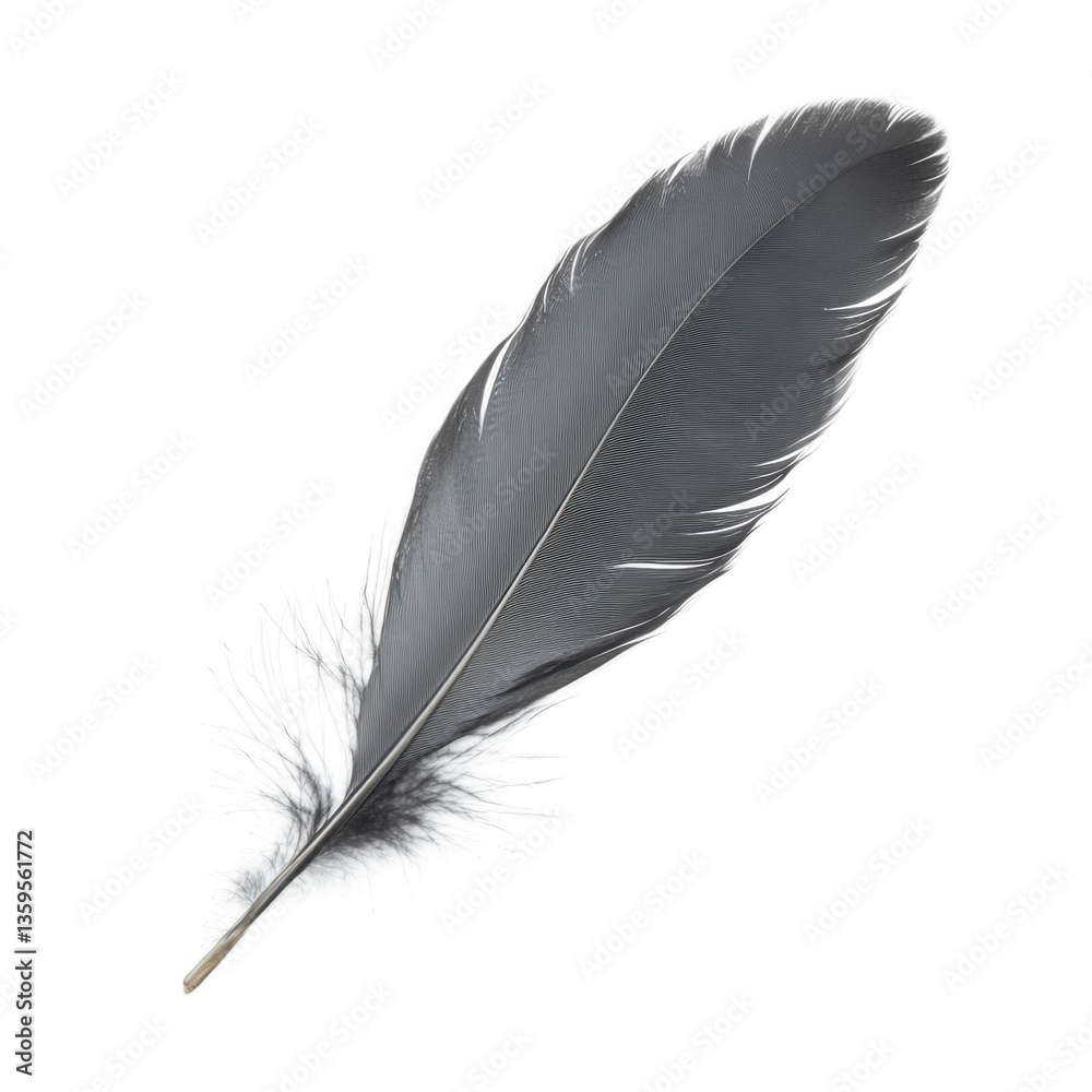 Fototapeta premium a single black feather displayed against a white background showcasing its delicate structure and fine details. for artistic educational or decorative purposes