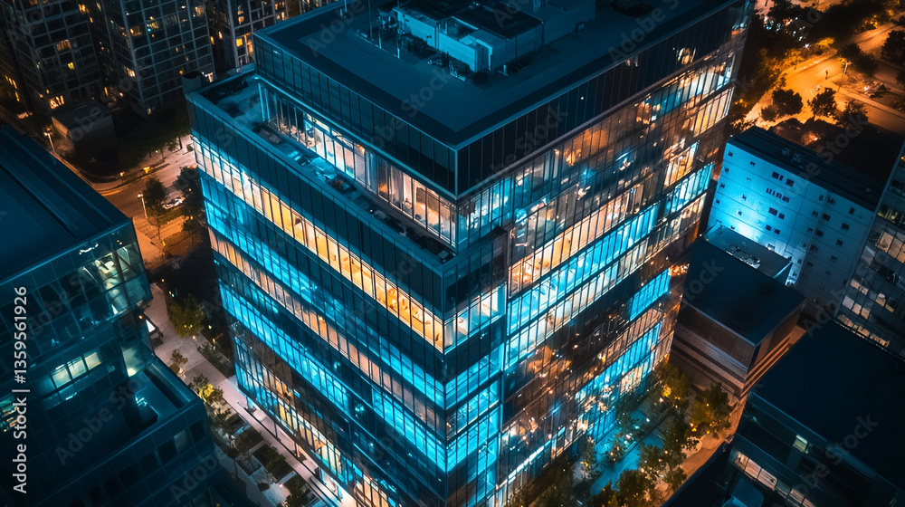 Obraz premium Aerial view of a modern office building with illuminated windows at night in an urban setting