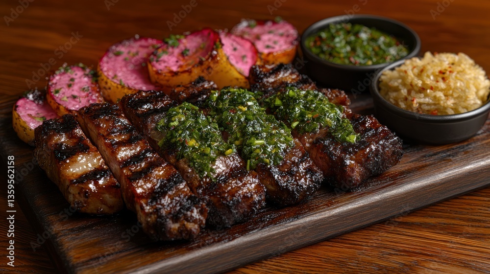 Grilled steak with roasted vegetables and chimichurri sauce Grilled steak with roasted vegetables and chimichurri sauce