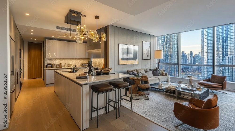 Fototapeta premium Modern apartment blending an open-plan kitchen with sleek island seating and a cozy living space, soft neutral colors, and Scandinavian-inspired decor enhancing the ambiance. 