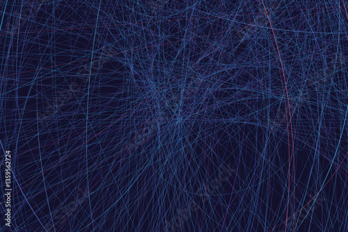 Abstract network lines illustration features a chaotic web of blue and pink lines against a dark background. Futuristic and high-tech atmosphere.