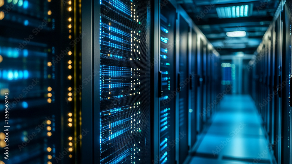 Fototapeta premium A view down a server room aisle with rows of illuminated servers and blue lighting effects