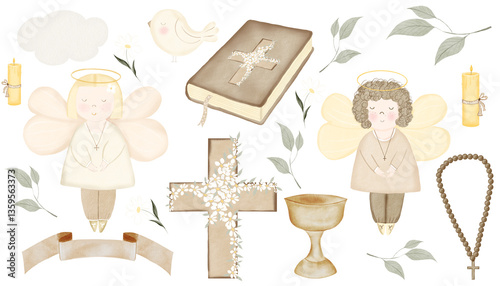 Quadro su tela Baby baptism watercolor big set