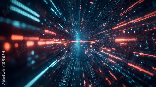 Abstract digital space with blue and orange glowing lines converging to a central point perspective