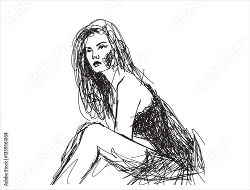 Vector illustration of woman. Girl drawn with ink. Line drawing. Hand drawn. Curved lines. Chaos of lines. Ink sketch. Doodle art. Creative drawing. Chaotic process of lines. Woman sitting