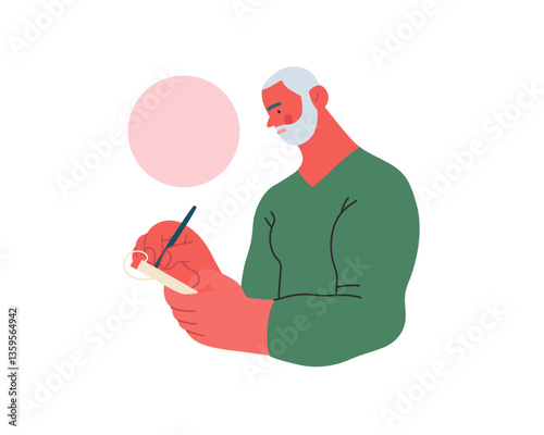 Writing people, modern flat vector concept illustration- standing man thoughtfully writing on notebook, bubble near head Metaphor for reflection, personal insight, contemplation, creative expression