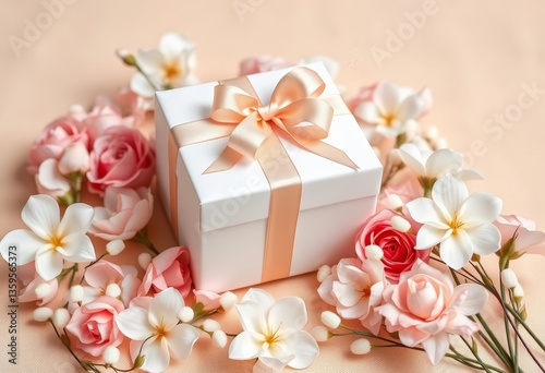 Elegant white gift box with satin ribbon, surrounded by delicate white and blush pink flowers on a soft beige background, studio shot, mockup