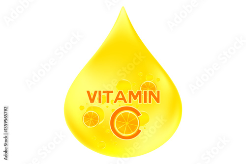 Vitamin C glowing 3D icon liquid drop bubble isolated, transparent background. Rich fluid orange or lemon ascorbic acid with flowing bubbles, health nutrition supplement, beauty skin serum products