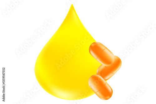 Glowing golden yellow oil or water drop with 3D orange capsule. Health nutrition supplement, vitamin icon isolated, transparent background. Omega 3 fish oil, vitamin E, D3 close up droplet, design ele