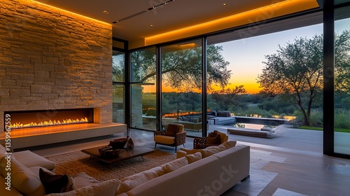 Modern living room with a sleek fireplace framed by minimalist stone, cozy seating arrangement, warm ambient lighting enhancing the inviting atmosphere, clean and elegant design. 