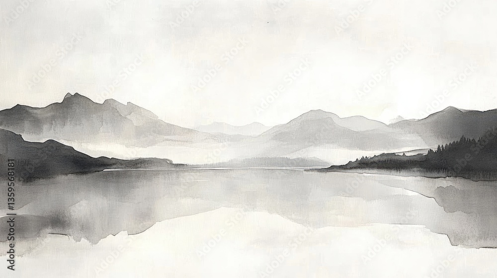 Fototapeta premium Serene Monochrome Mountain Lake: A Watercolor Landscape