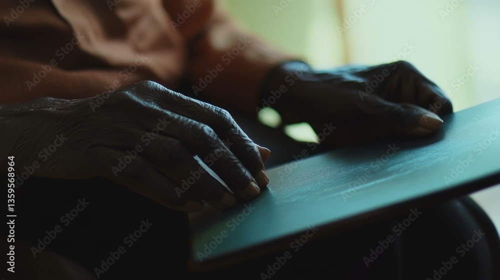 Obraz premium Elderly person s hands gently holding a book, showcasing wisdom and contemplation in a warm, inviting atmosphere with soft lighting, perfect for themes of reflection and life experiences