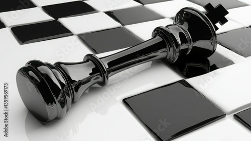 Black chess king lies defeated on board.
