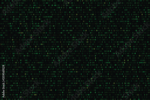 Digital binary code background features a seamless pattern of colors 1s and 0s, evoking a high-tech matrix atmosphere