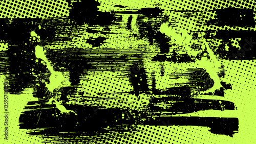 Green grunge background with horizontal black brush strokes and halftone dots.