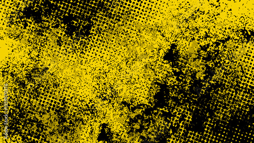 Yellow grunge background with black stains and halftone dots.