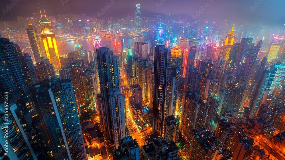 Fototapeta premium Night metropolis, towering skyscrapers shimmering in golden and blue lights, bustling streets below, panoramic shot with vivid urban glow and clear focus. 