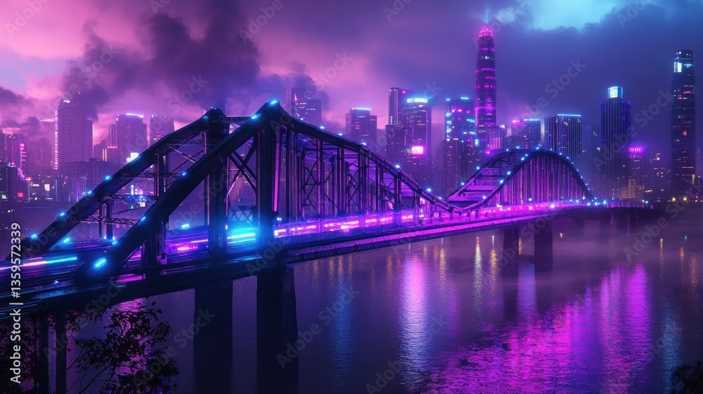 Naklejka premium Futuristic cityscape panorama featuring vibrant neon lights and river reflection