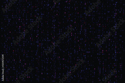 Digital binary code background features a seamless pattern of colors 1s and 0s, evoking a high-tech matrix atmosphere