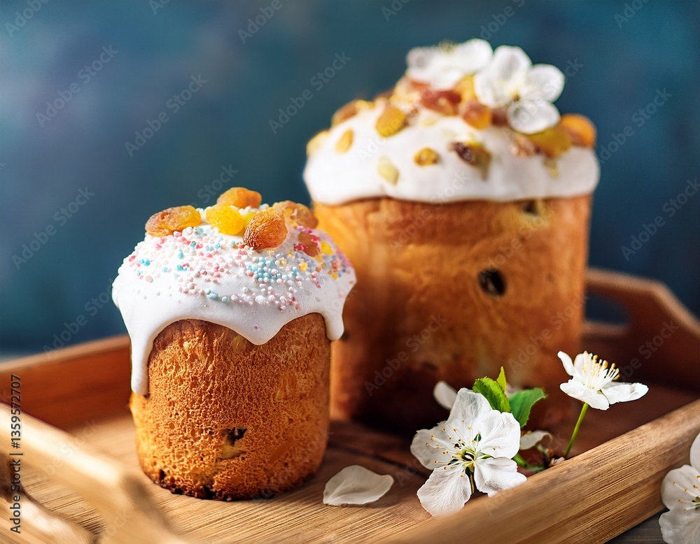 Kulich Easter sweet cake with sugar glaze on a wooden tray on blue background with cherry flowers on branches . Generated image