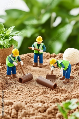 Construcción en miniatura de una carretera con figuras de trabajadores en un entorno natural