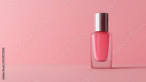 Pink nail polish bottle on pink background. Minimalist beauty product shot.