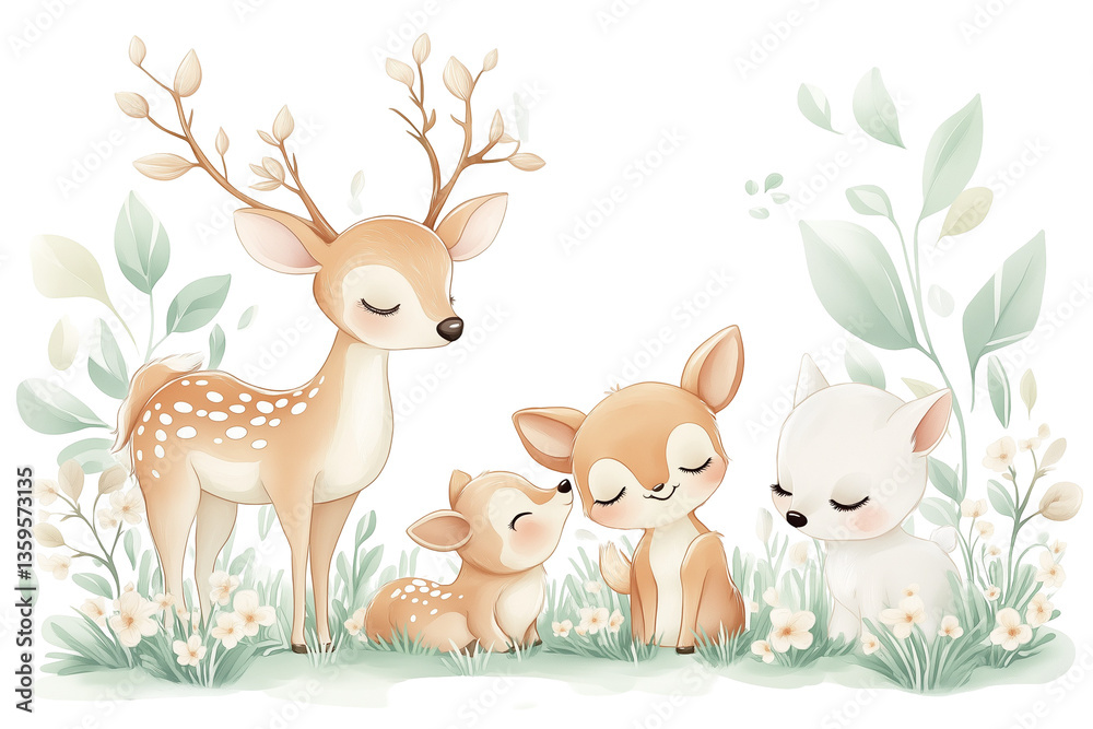 Obraz premium Adorable Deer and Playful Puppies in a Cartoon Scene: A Cute and Whimsical Illustration with Soft Colors and Friendly Expressions