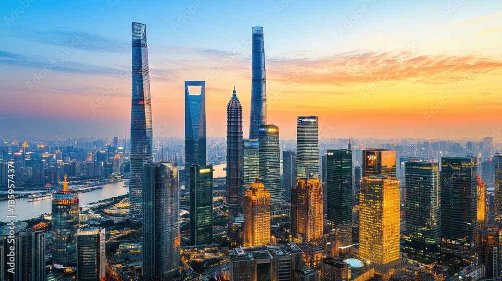 Fototapeta premium Elevated view of the Shanghai skyline at dusk, showcasing modern architecture