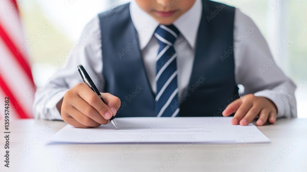 Young Boy in Formal Attire Writing on Paper with Focused Expression Young Boy in Formal Attire Writing on Paper with Focused Expression