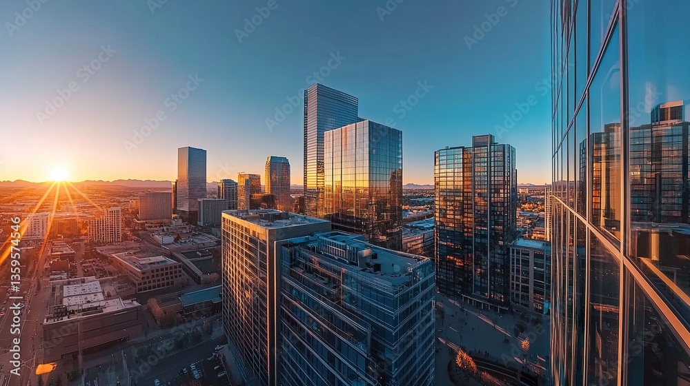 Fototapeta premium Panoramic view of Denver skyline at sunrise, glowing peaks in the background, warm light reflecting off glass towers, clear blue sky 