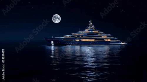 A massive superyacht rests anchored in the deep ocean at night. Soft deck lights glow against the dark sea, while the moon and stars shimmer on the calm water.