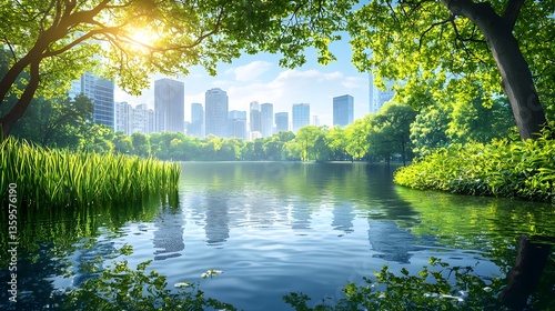 Stunning city skyline reflected in serene lake water showcasing urban development and greenhouse gas mitigation efforts