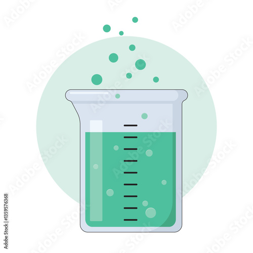 Glass beaker flask with green liquid inside and bubbles. Laboratory equipment vector illustration.