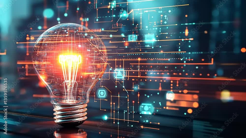 Illuminated light bulb surrounded by digital circuits, symbolizing innovation and technology Illuminated light bulb surrounded by digital circuits, symbolizing innovation and technology
