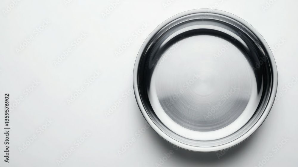 Empty stainless steel plate on white background. Simple, minimalist, and reflective. Empty stainless steel plate on white background. Simple, minimalist, and reflective.