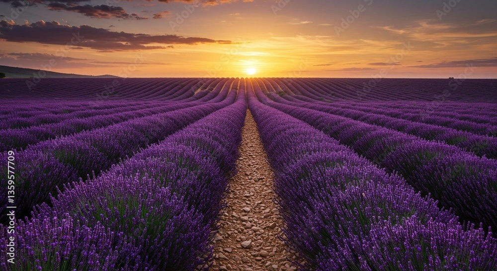 Stunning Lavender Field at Sunset Rows of Purple Flowers Scenic Landscape Photography Stunning Lavender Field at Sunset Rows of Purple Flowers Scenic Landscape Photography