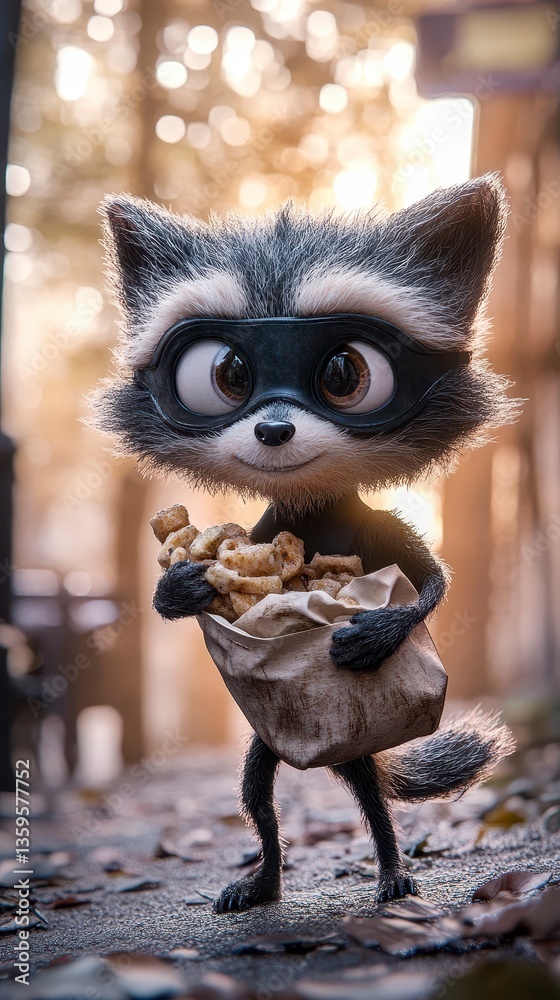 Adorable Cartoon Raccoon Carrying Goodies on Forest Path Adorable Cartoon Raccoon Carrying Goodies on Forest Path
