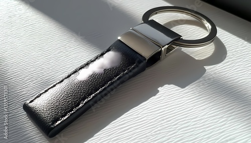 Elegant black leather keychain with a silver accent resting on a white surface