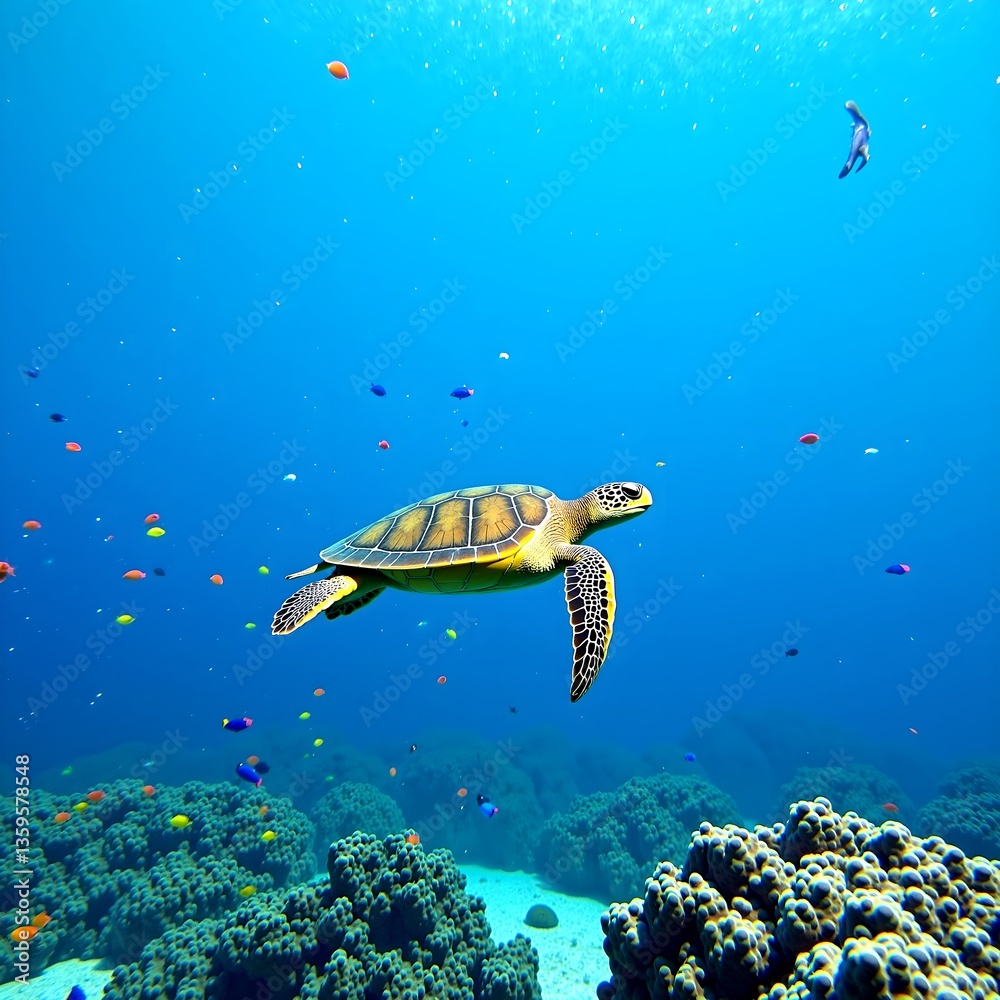 Fototapeta premium Majestic Sea Turtle Gracefully Swimming in Vibrant Coral Reef Ocean
