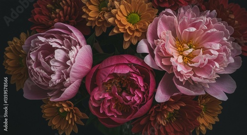 Fototapeta Naklejka Na Ścianę i Meble -  Stunning Close up of a Vibrant Bouquet Pink and Burgundy Peonies with Chrysanthemums
