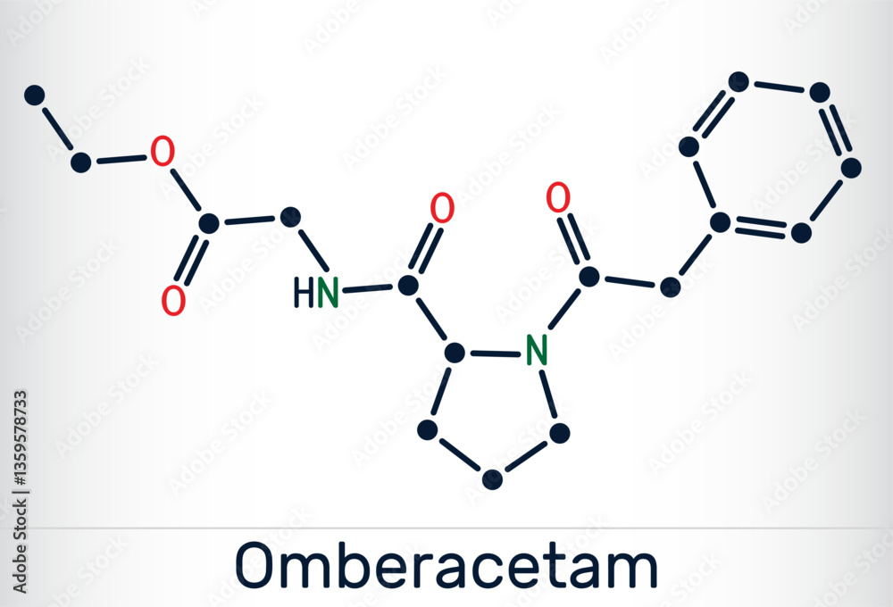 Omberacetam molecule. Synthetic nootropic compound from the racetam family. Skeletal chemical formula. Vector Omberacetam molecule. Synthetic nootropic compound from the racetam family. Skeletal chemical formula. Vector