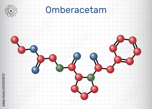 Omberacetam molecule. Synthetic nootropic compound from the racetam family. Molecule model. Sheet of paper in a cage. Vector i