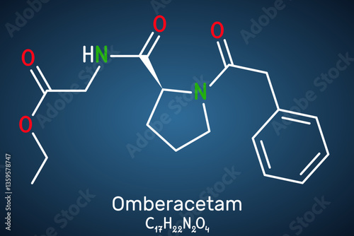 Omberacetam molecule. Synthetic nootropic compound from the racetam family. Structural chemical formula on the dark blue background. Vector i