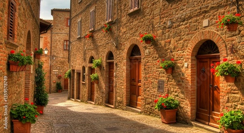 Charming Italian Stone Street with Flower Pots Rustic Architecture Cobblestone Alleyway